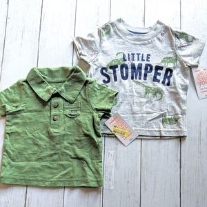 Carter's 2Pcs T-shirts Baby Boy 3M Dinosaur Print & Solid Green Gray Kids